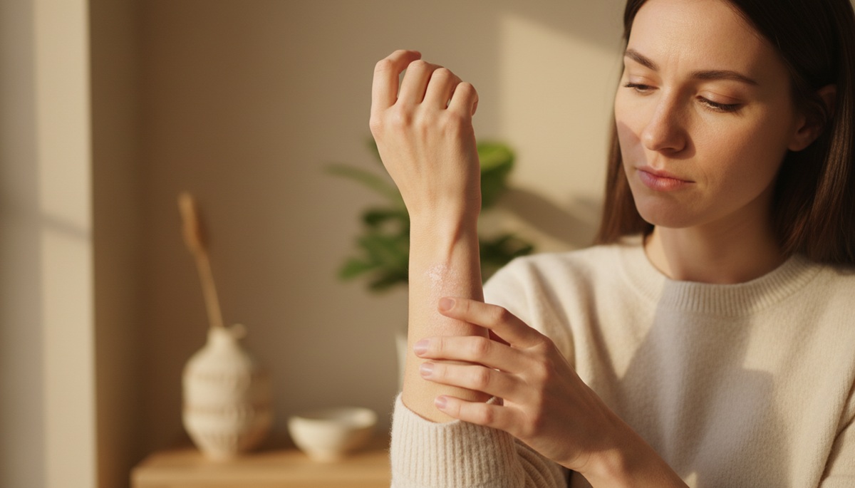 Ekcémás bőr irritáció a karon, tipikus bőrápolási hibák bemutatása